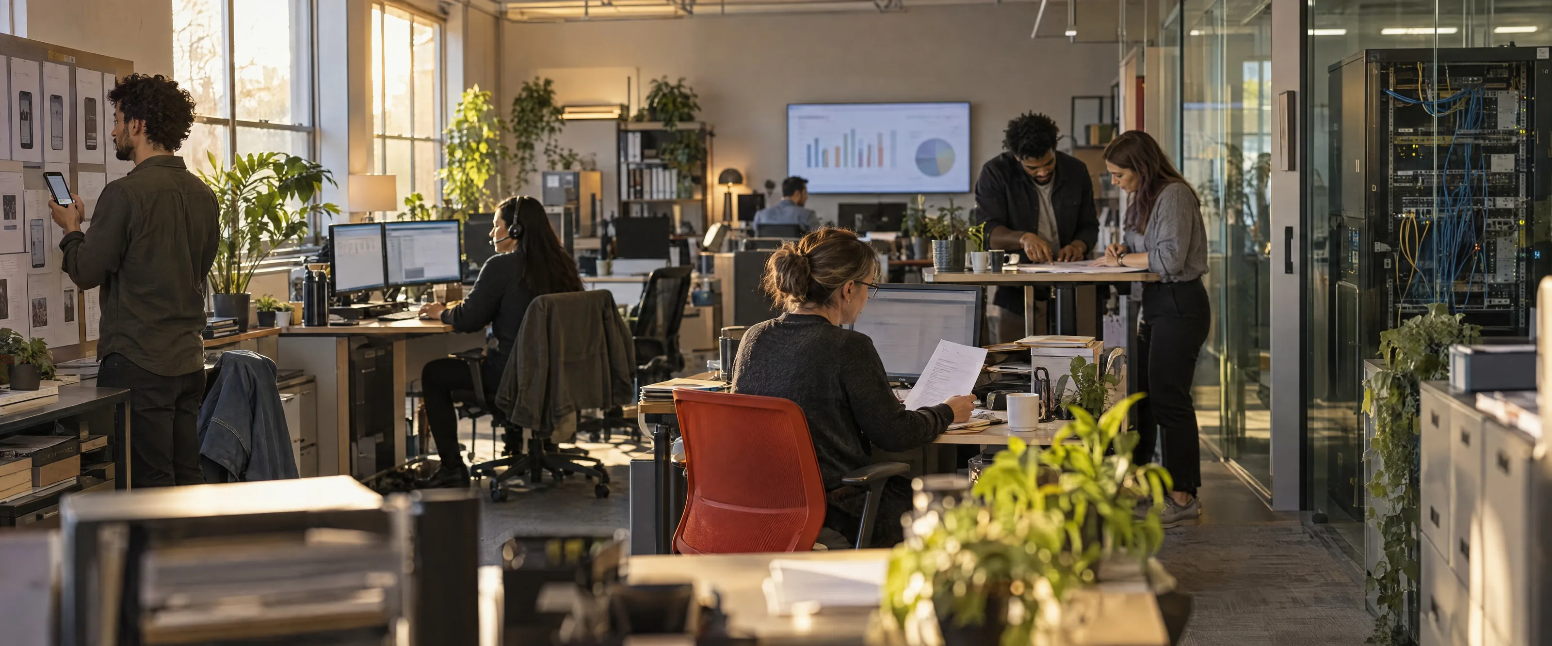 A wide view of a distribution company's open-plan office in late afternoon light: people review an app, plan at a standing desk, work through invoices and dispatch, with a network rack in a glass corner.