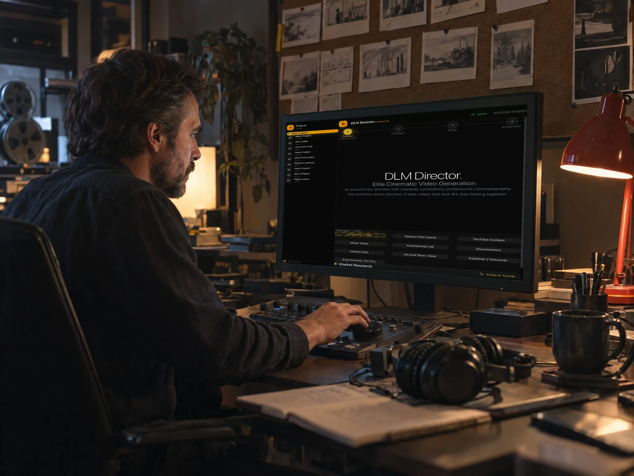 A filmmaker in a dim edit suite reviews a project in DLM Director on a large monitor, storyboard cards pinned above the desk.