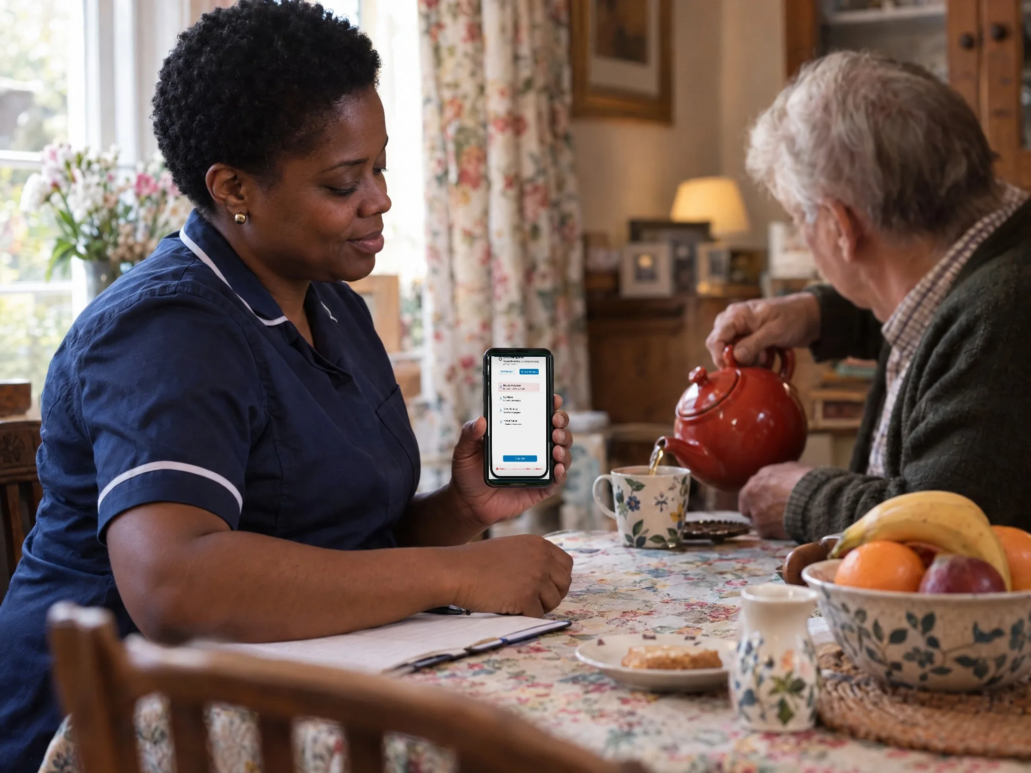 A support worker logs a visit on the mobile app at a client's kitchen table while an older man pours tea.