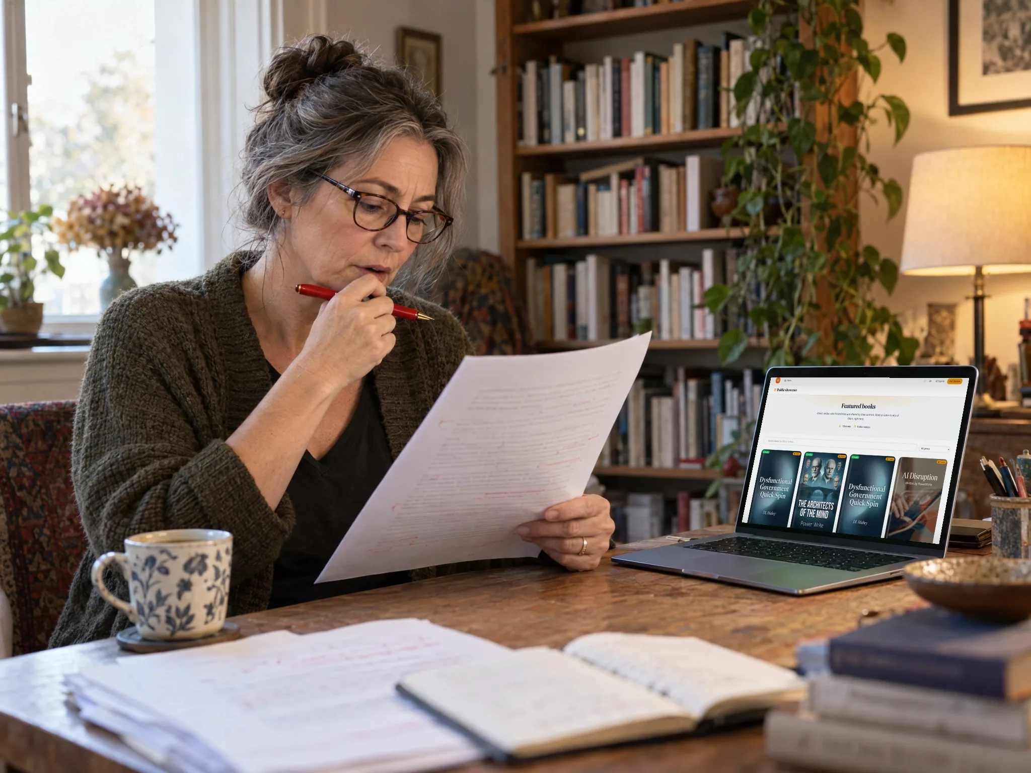 An author at her desk reads a marked-up manuscript page, the PowerWrite shelf of finished books open on her laptop.