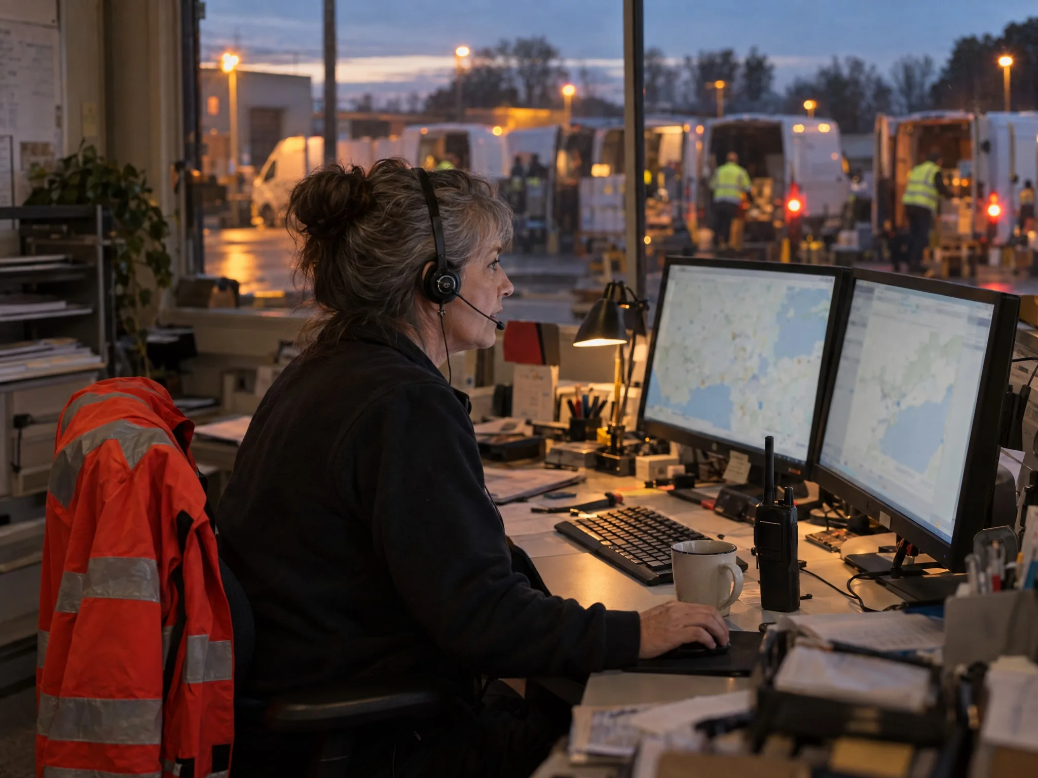 A dispatcher in a headset works at two route maps in a depot office at dawn, vans loading outside.