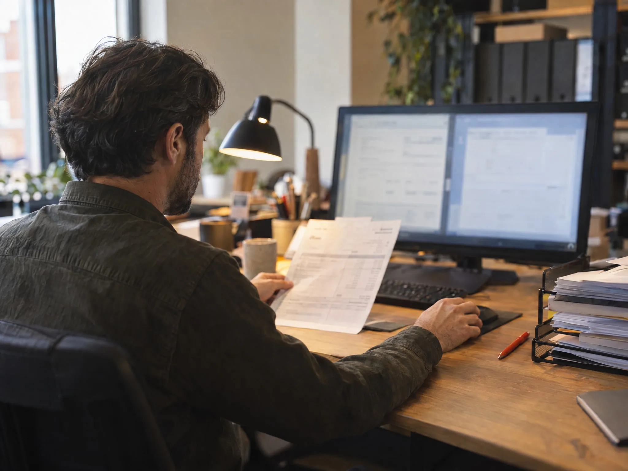An accounts assistant checks a paper supplier invoice against an entry on his monitor before approving it.