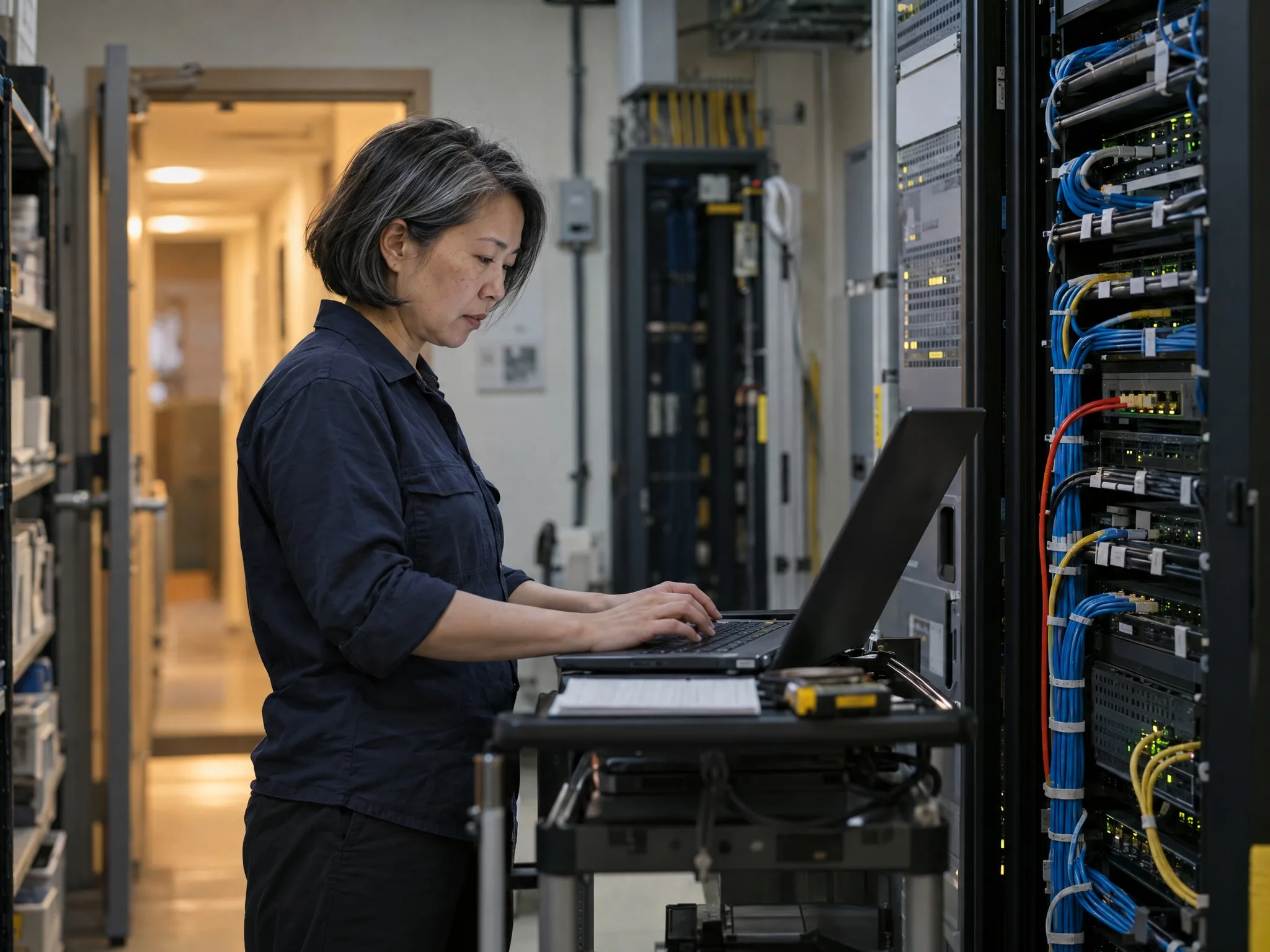 An infrastructure engineer checks a laptop on a cart in a tidy network room, cables labelled, status lights on.