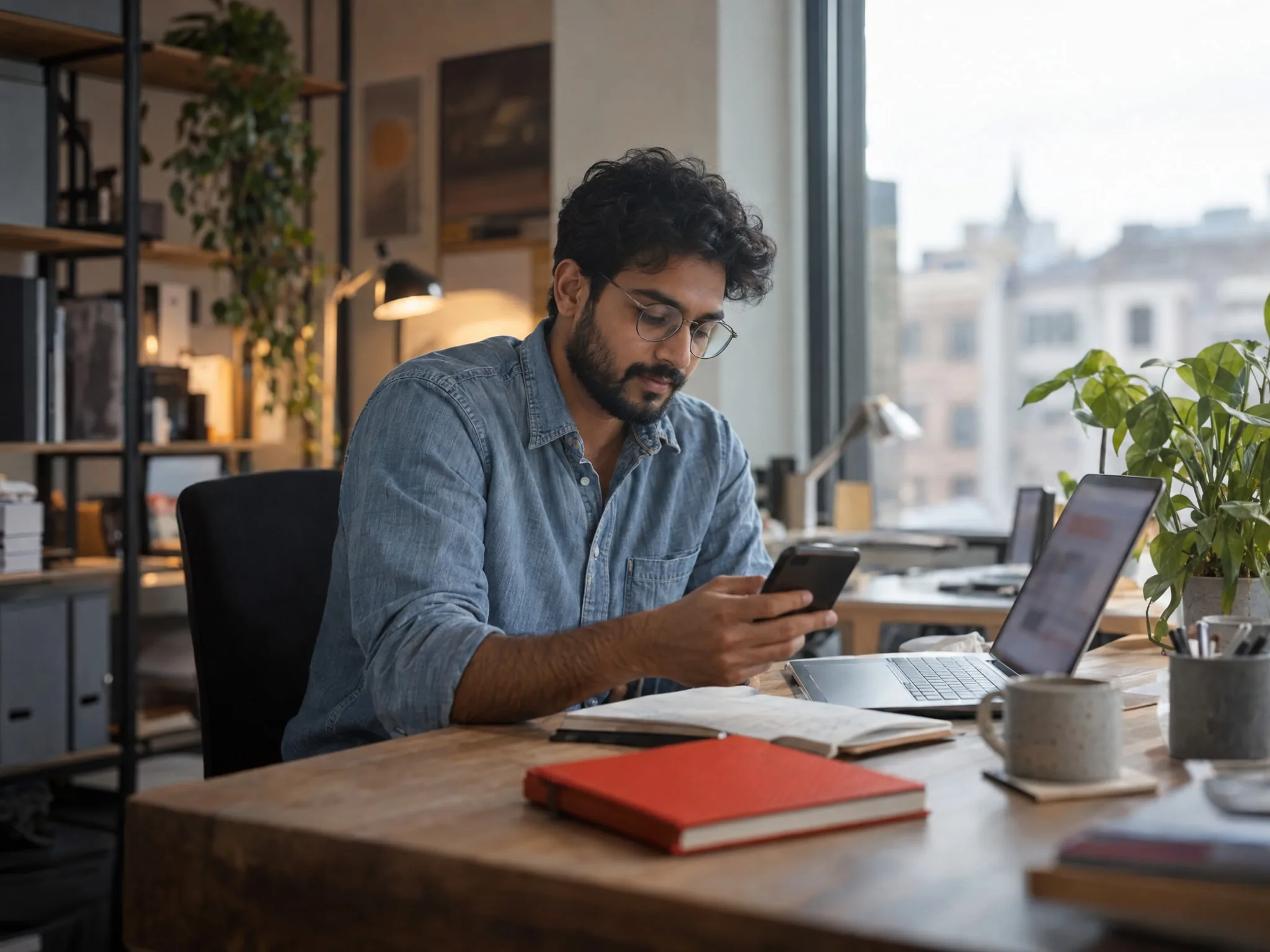 A marketing lead at a window desk reads a new enquiry on his phone, the laptop open beside him.