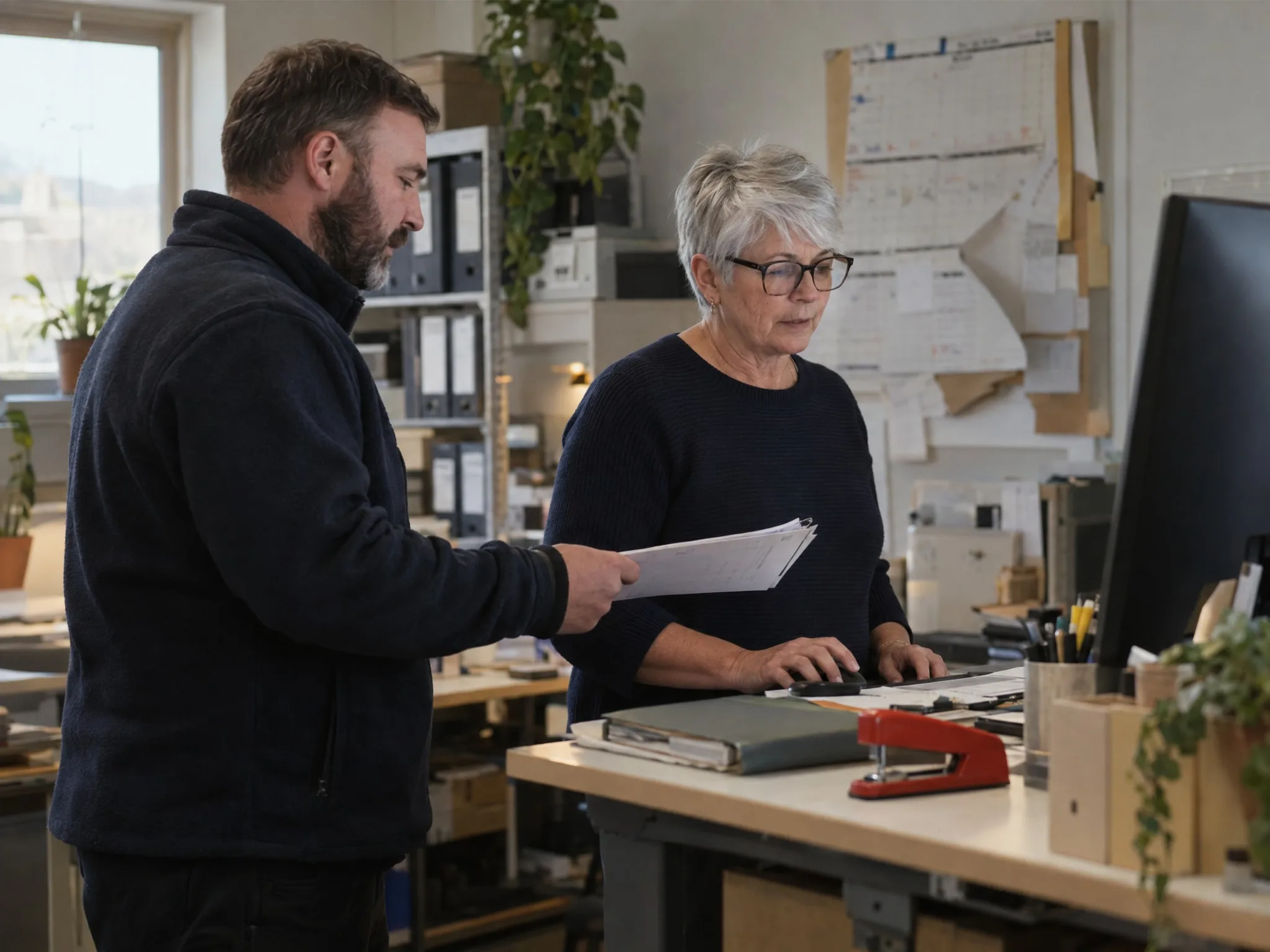 An office manager at a standing desk takes a signed delivery note from a colleague, an old paper planner half taken down behind them.