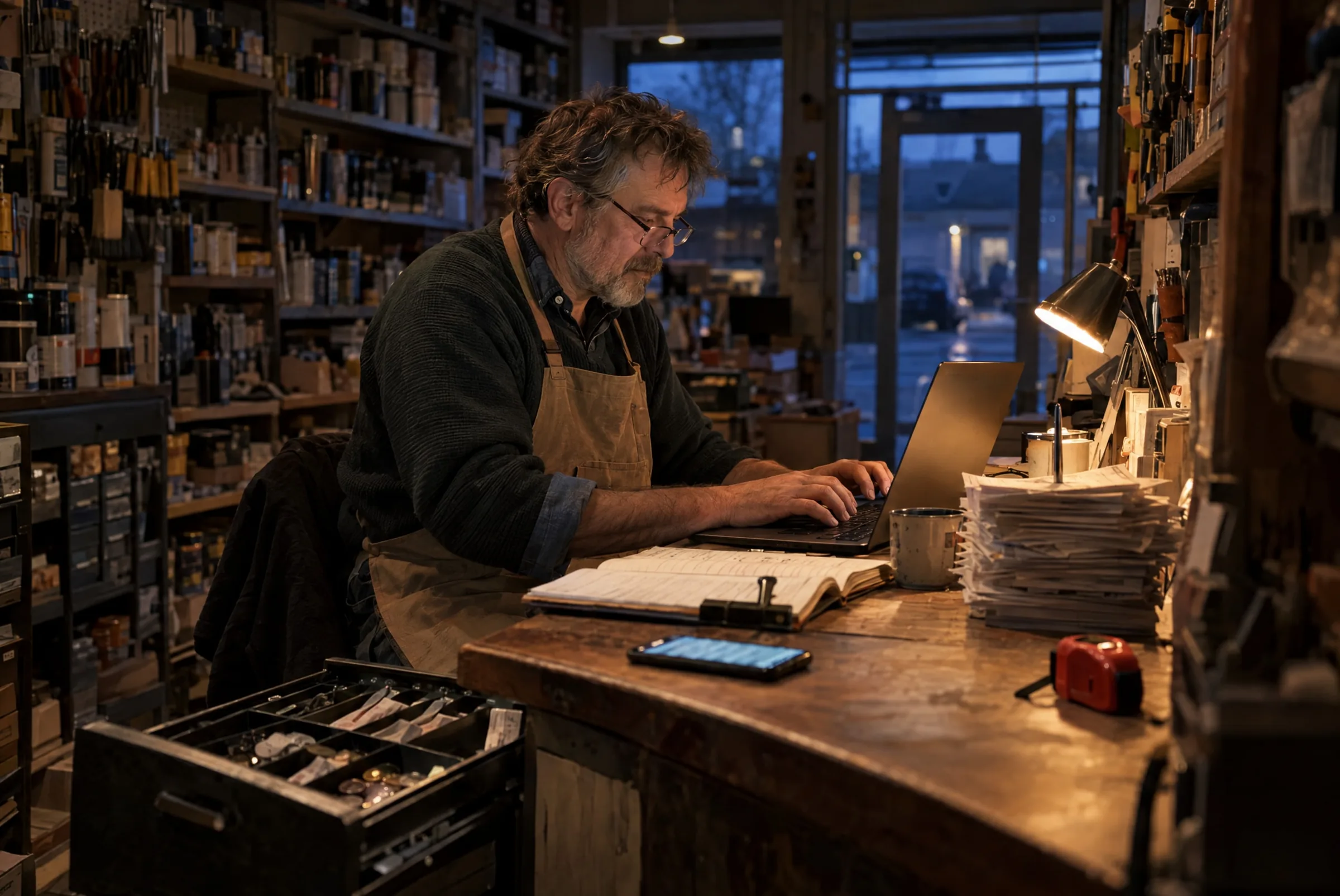 After closing time in an independent hardware shop, the owner types at the back counter beside a spike of paper invoices, an open ledger and the till drawer open for cashing up.