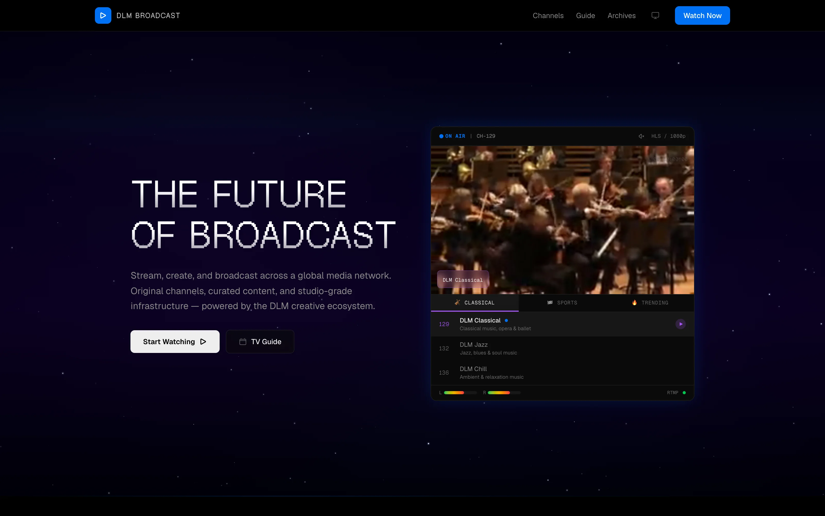 DLM Broadcast home with a live channel player and channel list