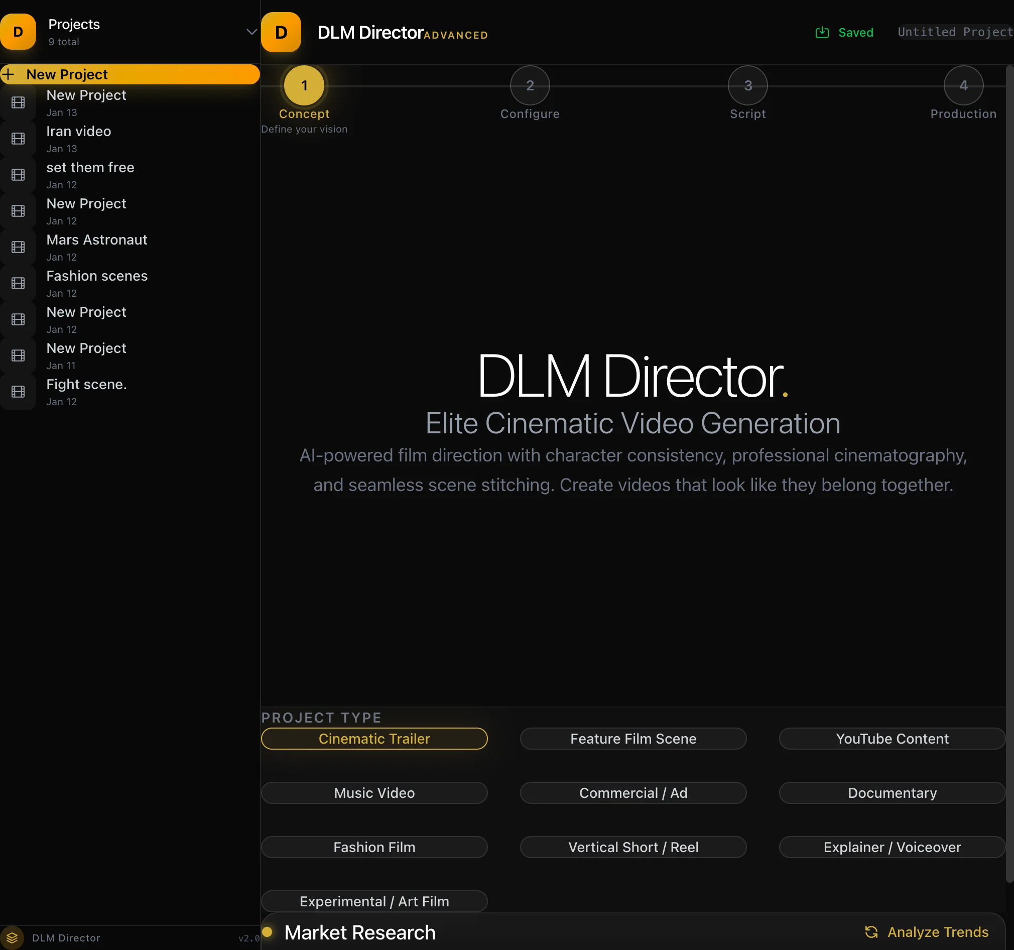 DLM Director studio: a project list on the left, a four-step workflow across the top, and project types such as cinematic trailer, commercial and documentary
