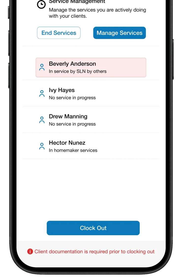 Mobile service management: individuals in service and a clock-out control