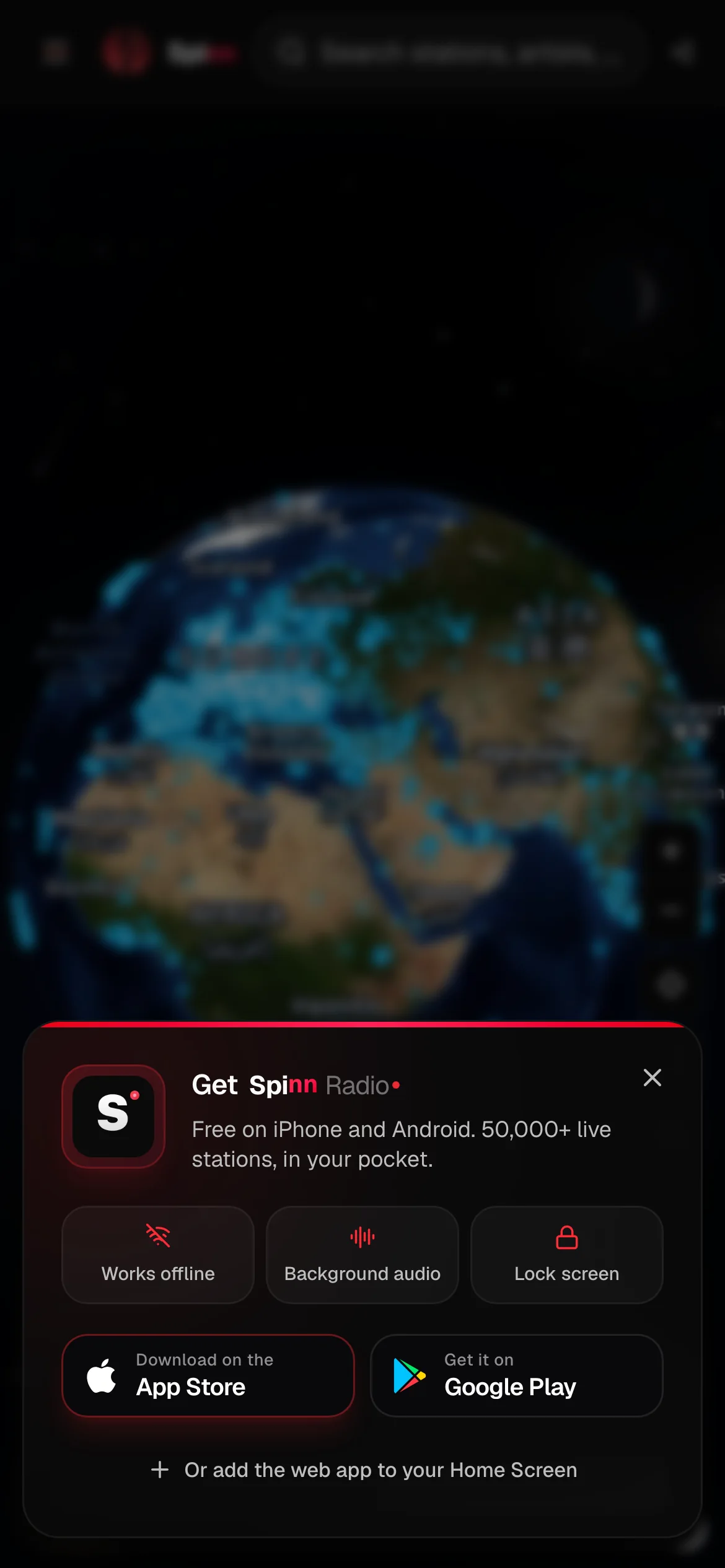 Spinn Radio on a phone: the globe fills the screen above a compact player
